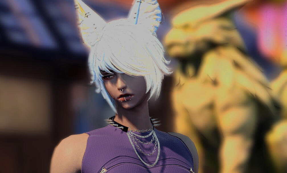 A half-lupin dressed in purple with white and light blue hair and piercings. He does not look directly at the camera.